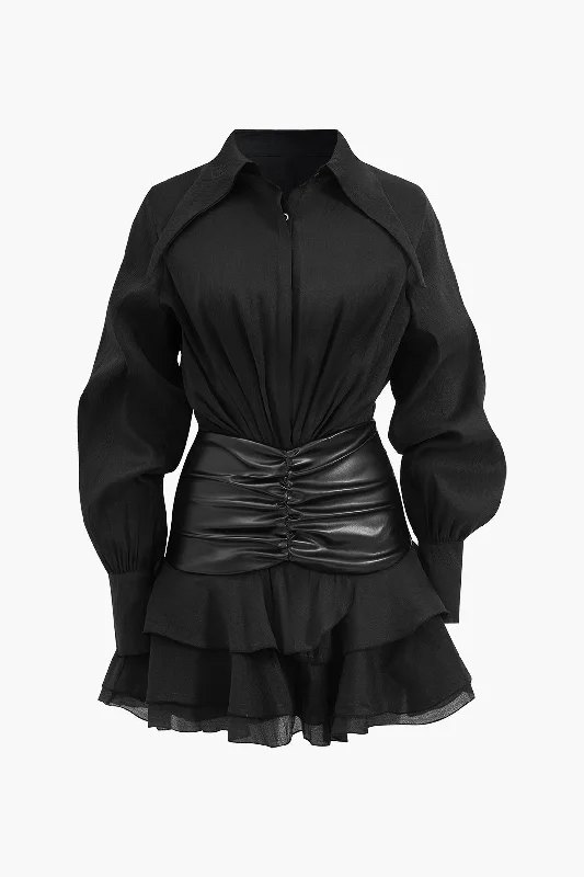 Women's Racerback DressesChiffon Faux Leather Patchwork Ruffle Long Sleeve Mini Dress