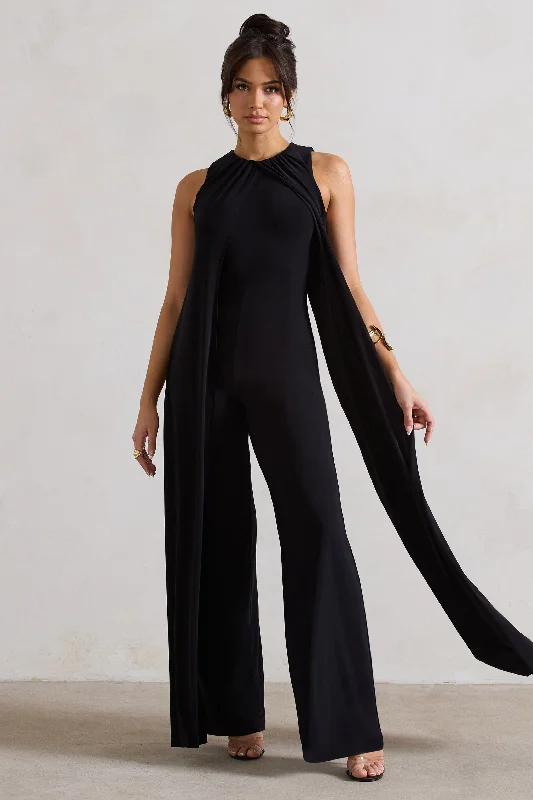 Women's Jumpsuits with Lapel CollarEssence | Black High-Neck Wide-Leg Jumpsuit With Cape