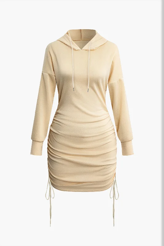 Women's Boat Collar DressesSolid Drawstring Hooded Mini Dress