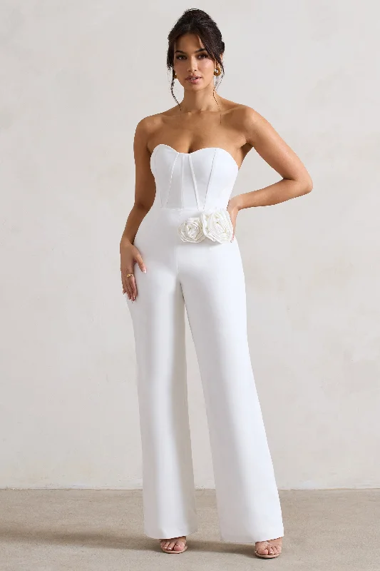 Women's Jumpsuits with Sweetheart NeckSonia | White Sweetheart Corset Straight-Leg Jumpsuit With Flowers