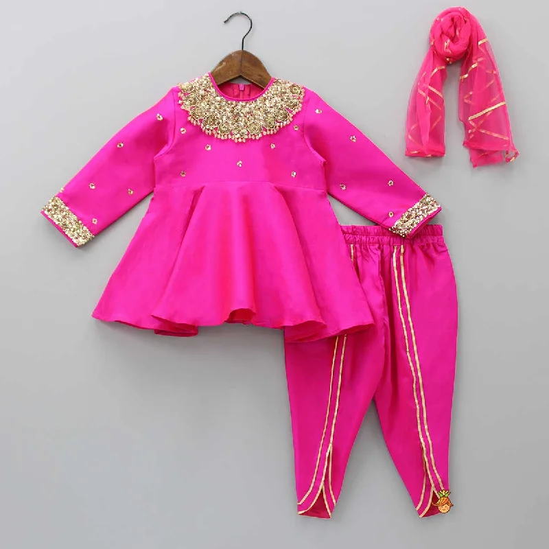 Women's Jumpsuits with Mandarin CollarHeavy Embroidered Neckline Pink Kurti And Dhoti With Dupatta