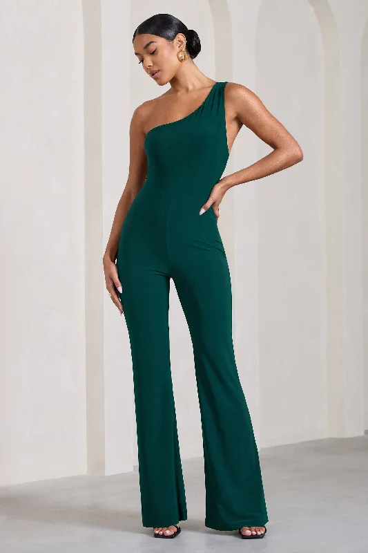 Women's Jumpsuits with Keyhole NeckIn The Dark | Bottle Green Sleeveless Asymmetric Flared-Leg Jumpsuit