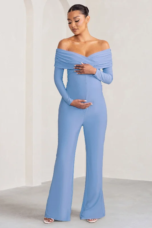 Women's Jumpsuits with Wide CollarNuala | Powder Blue Bardot Maternity Jumpsuit with Long Sleeves