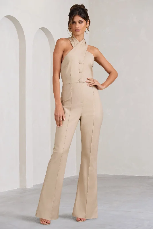 Women's Jumpsuits with Notched CollarDon't Cross Me | Stone Halter Neck Tailored Buttoned Sleeveless Jumpsuit