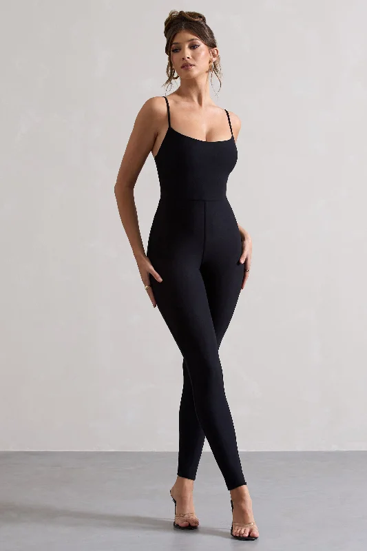 Women's Jumpsuits with Straight HemKat | Black Strappy Skinny-Leg Unitard