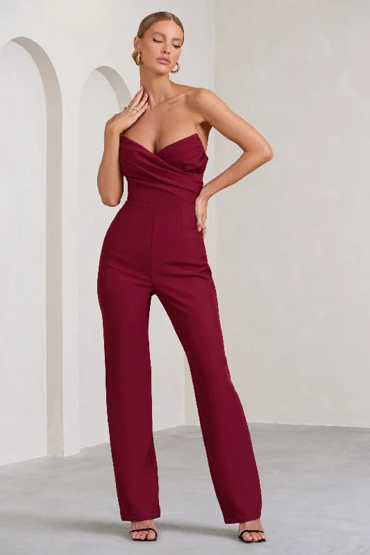 Women's Jumpsuits with Mandarin CollarBellezza | Burgundy Bandeau Corset Wide Leg Jumpsuit