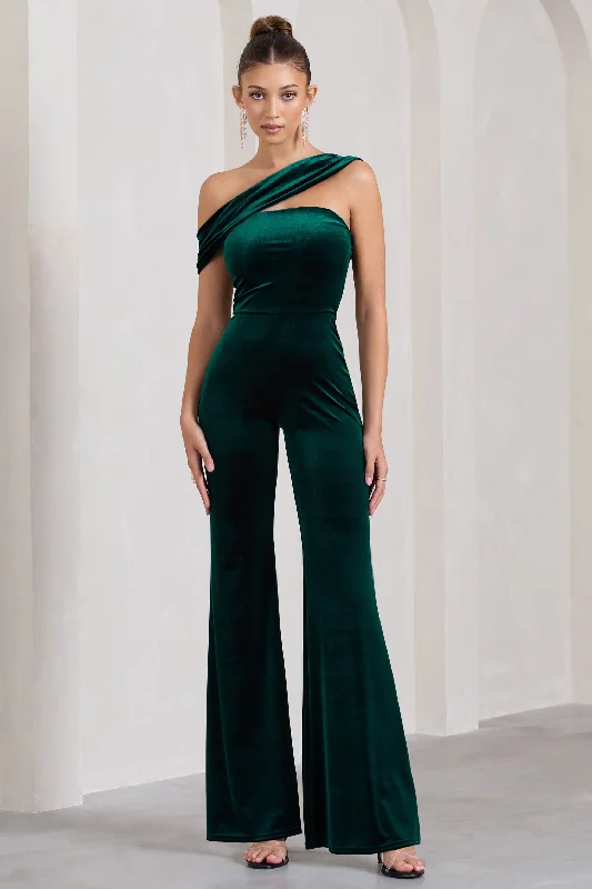 Women's Jumpsuits with Skinny LegGeorgia | Bottle Green Velvet Asymmetric Wide-Leg Jumpsuit