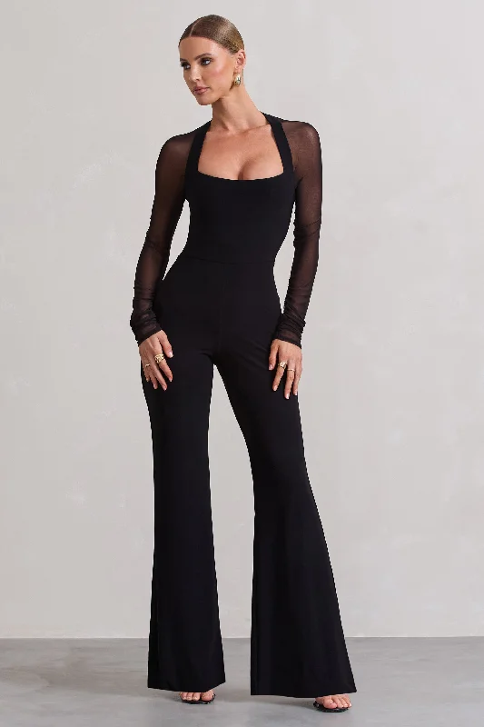 Women's Jumpsuits with Shirt CollarOn Track | Black Flared-Leg Jumpsuit With Sheer Sleeves