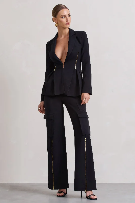 Women's Jumpsuits with Low CollarClose Up | Black Wide-Leg Cargo Trousers With Ankle Zips