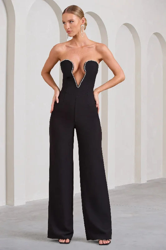 Women's JumpsuitsJulia | Black Extreme Plunge Cut Out Wide Leg Jumpsuit