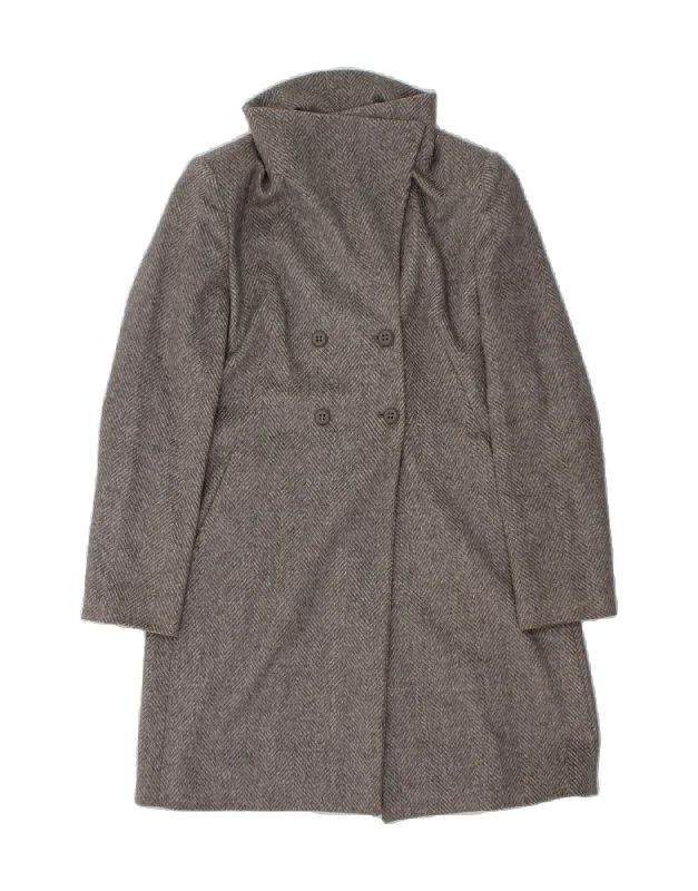 Women's Fur CoatsBENETTON Womens Double Breasted Coat IT 46 Large Grey Herringbone Wool