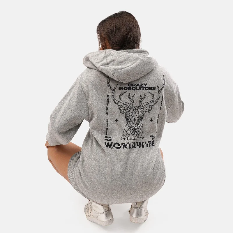 Women's Hooded Sweatshirts with Mid WaistWorldwide Long Fleece Hoodie in Grey Melange