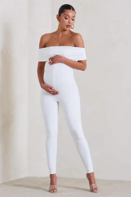 Women's Jumpsuits with Full LengthCarefully Crafted | White Maternity Bardot Fitted Jumpsuit