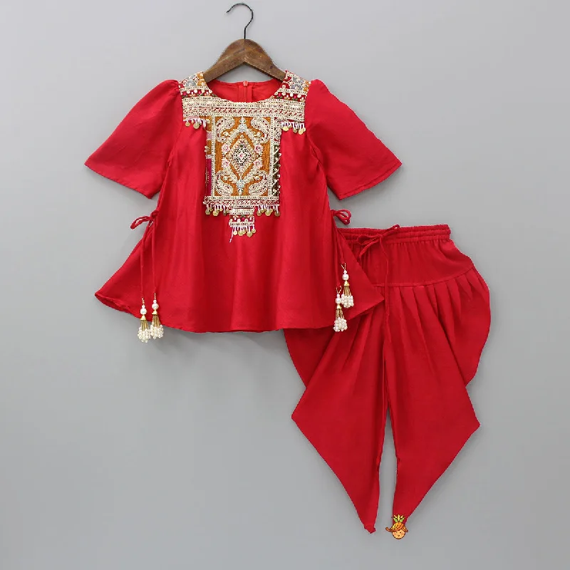 Women's Jumpsuits with BeltEmbroidered Yoke Tassels Enhanced Red Kurti And Dhoti