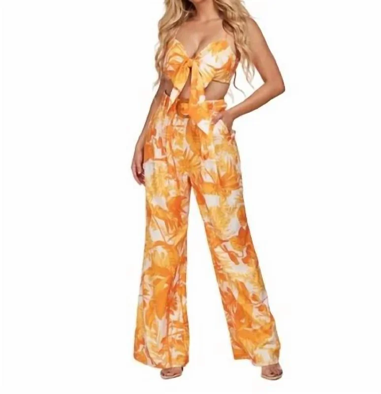 Women's Cargo ShortsTropical Print Pant Set In Yellow & White