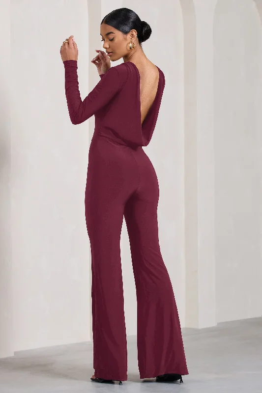 Women's Jumpsuits with Low WaistLana | Burgundy Long-Sleeved Flared-Leg Jumpsuit