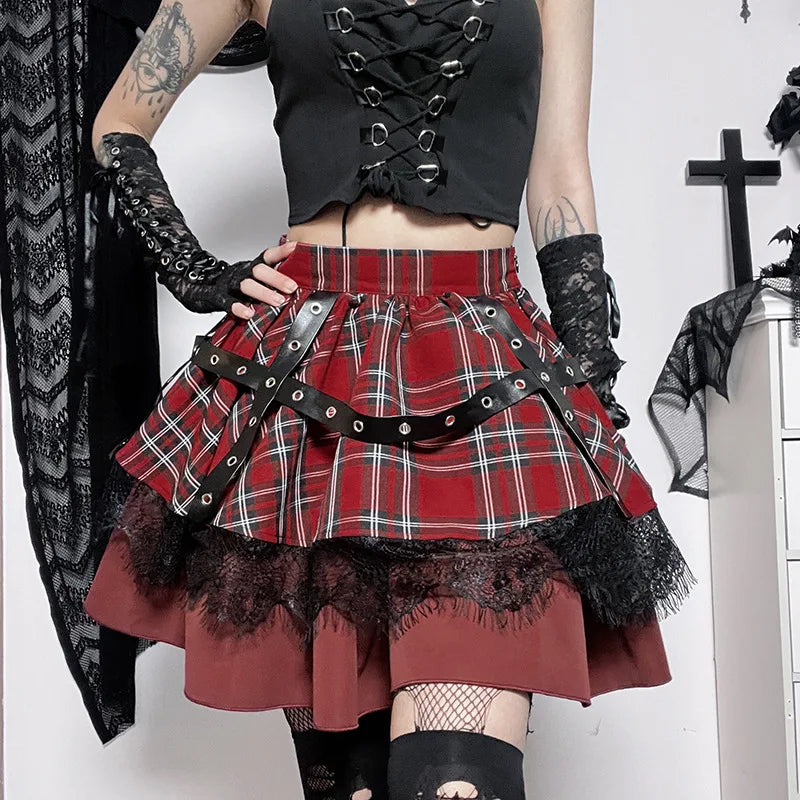 Women's Shawl Collar DressesWomen's Non-Stretch SkirtsGothic Harajuku Girls Plaid Pleated Sweet Lace Kawaii Y2k Costume Skirt