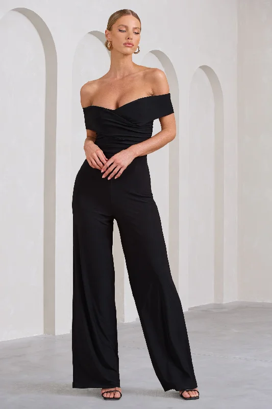 Women's Jumpsuits with Wide CollarRecognition | Black Off The Shoulder Ruched Jumpsuit