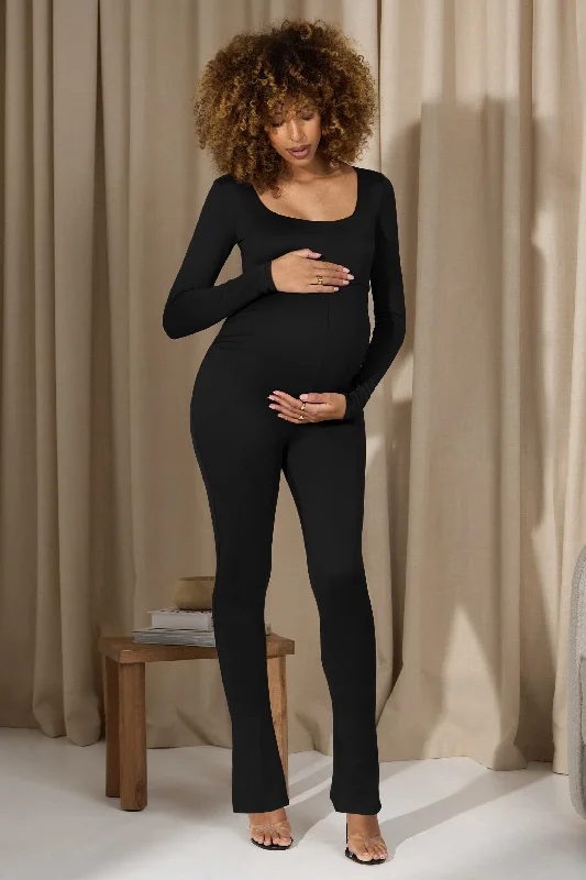 Women's Jumpsuits with Notched CollarClover | Black Square-Neck Slim-Leg Maternity Jumpsuit