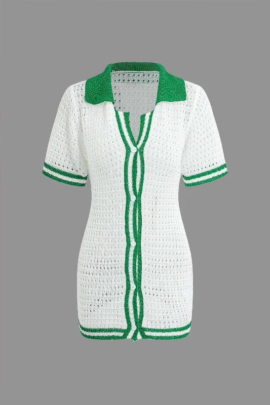 Women's Square-Back DressesContrast Button Up Short Sleeve Cardigan Hollow Out Knit Mini Dress