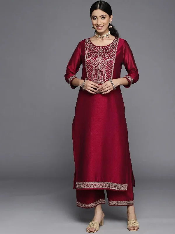 Women's Jumpsuits with Narrow CollarWine Yoke Design Silk Kurta