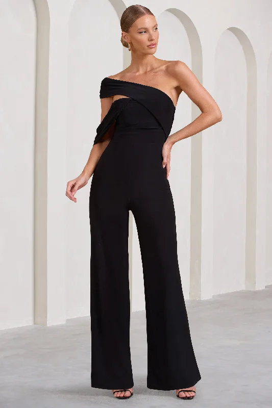 Women's Jumpsuits with Notched CollarCandy | Black Asymmetric One Shoulder Ruched Jumpsuit