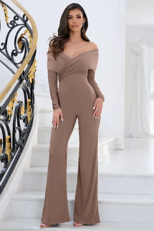 Women's Long-Sleeve JumpsuitsHand On Heart | Dark Mocha Twist Front Bardot Jumpsuit