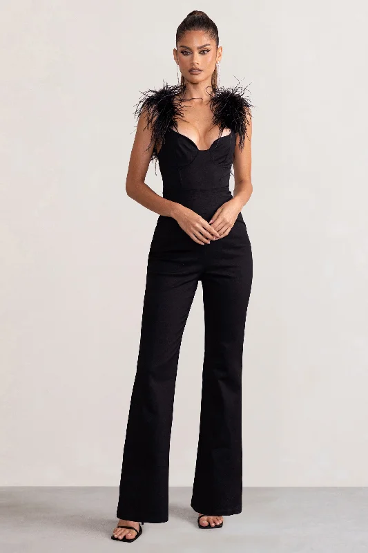 Women's Jumpsuits with Notched CollarVerity | Black Feather Shoulder Corset Style Jumpsuit