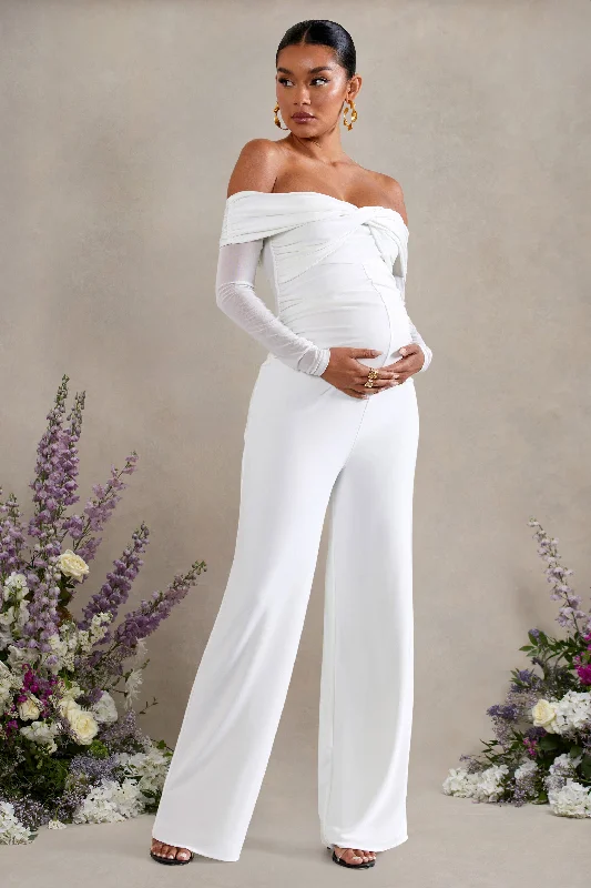 Women's Jumpsuits with Lapel CollarKyla | White Ruched Bardot Long-Sleeved Wide-Leg Maternity Jumpsuit