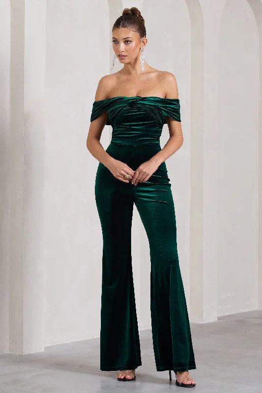 Women's Sleeveless JumpsuitsRecognition | Bottle Green Velvet Twisted Bardot Wide-Leg Jumpsuit