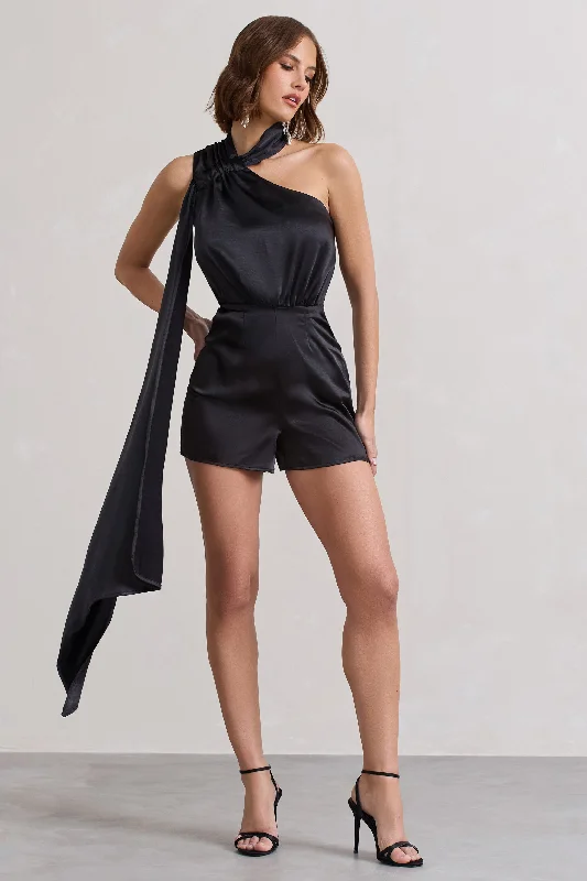 Women's Jumpsuits with DrawstringLadies Day | Black Satin Scarf Detail Playsuit