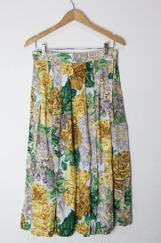 Women's Boat Collar DressesWomen's Ribbed Skirts[M] Golden Chrysanthemum Floral Skirt