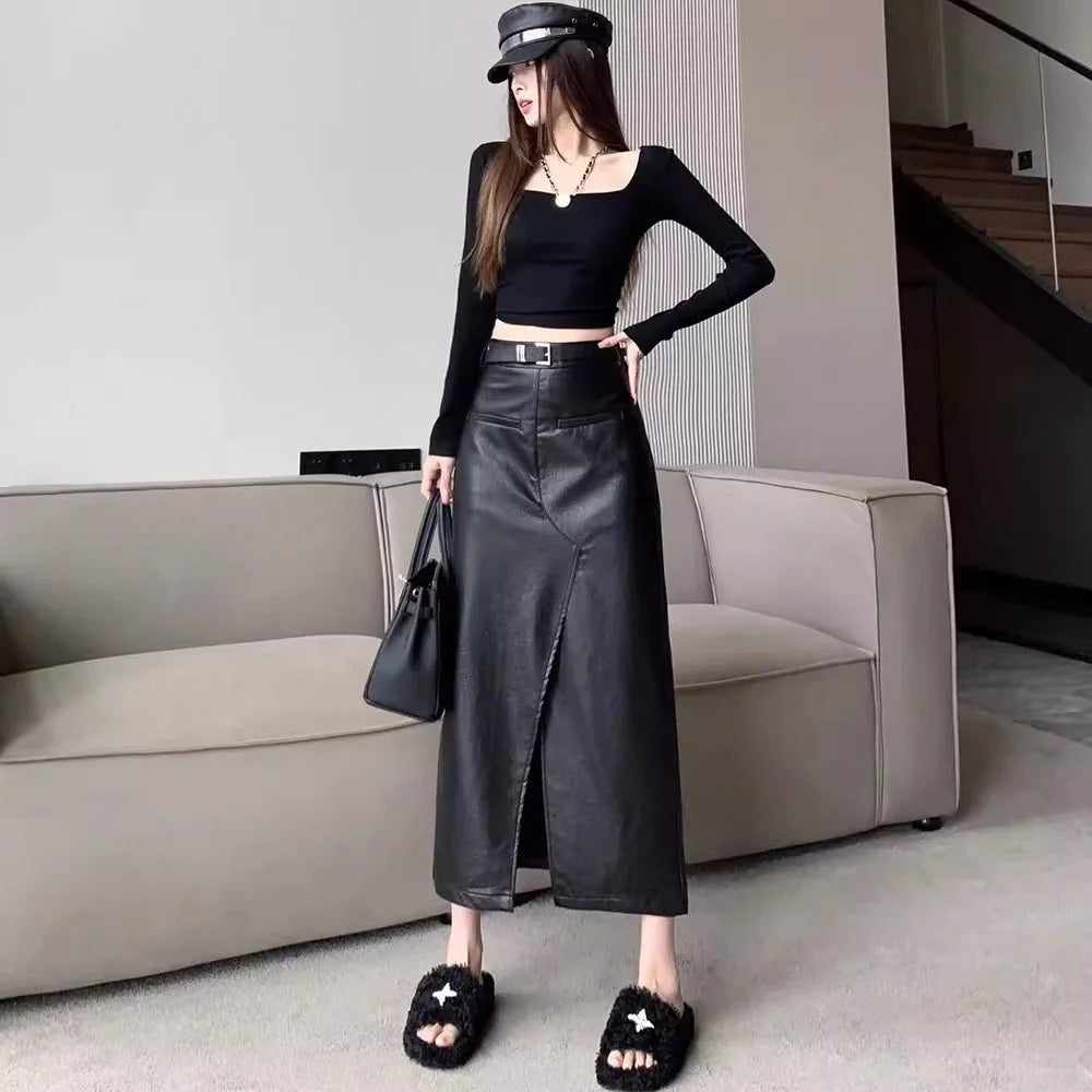 Women's Sweetheart Collar DressesWomen's Comfortable SkirtsStreetwear Loose Black PU Leather Long Skirt Bottom