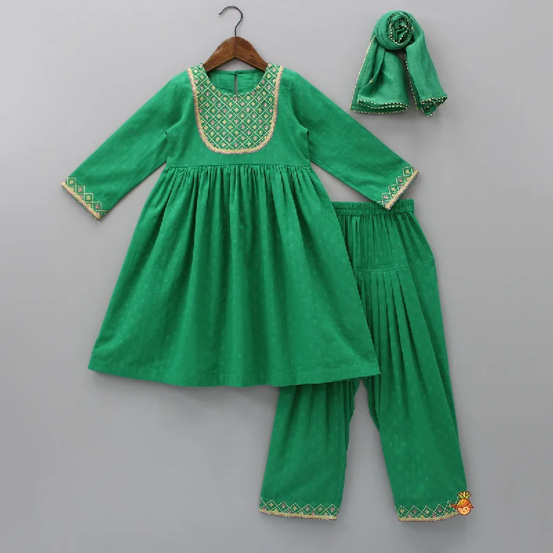 Women's Jumpsuits with Shirt CollarYoke Embroidered Green Round Neck Kurti And Salwar With Gota Lace Work Dupatta