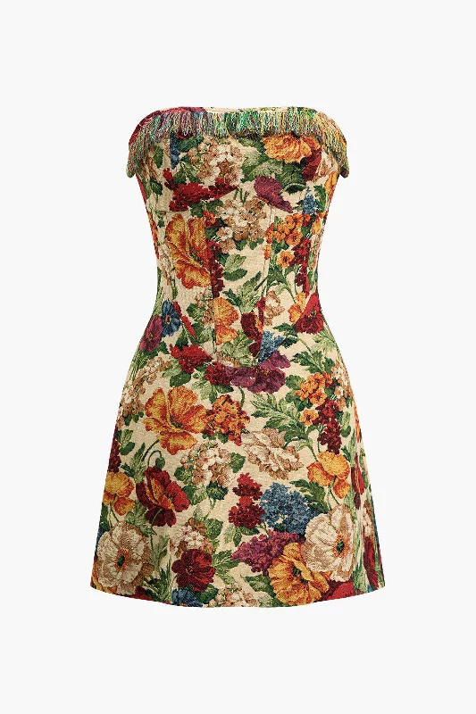 Women's Maxi DressesFloral Print Zipper Strapless Mini Dress