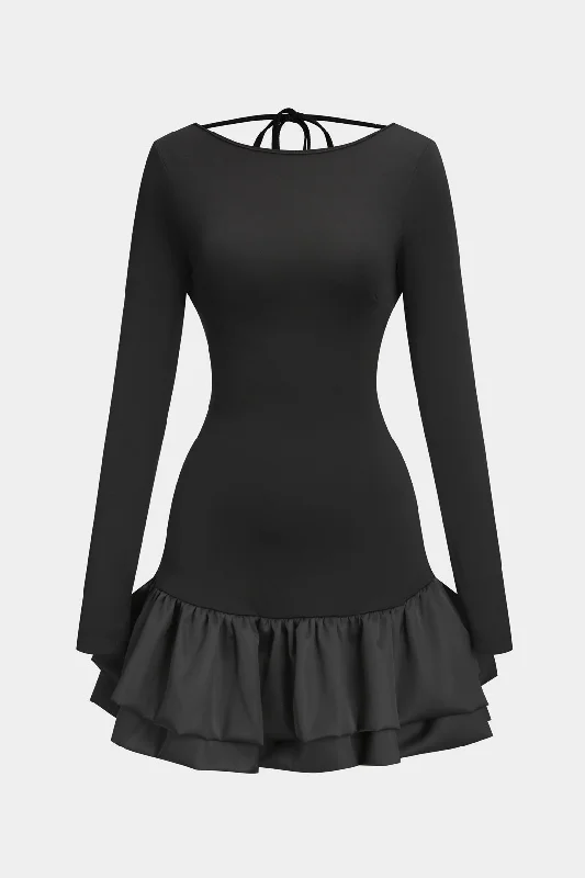 Women's V-Shaped Collar DressesTie Backless Long Sleeve Mini Dress