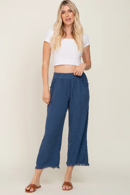 Women's Jodhpurs with Notched CollarNavy Linen Frayed Hem Crop Pants