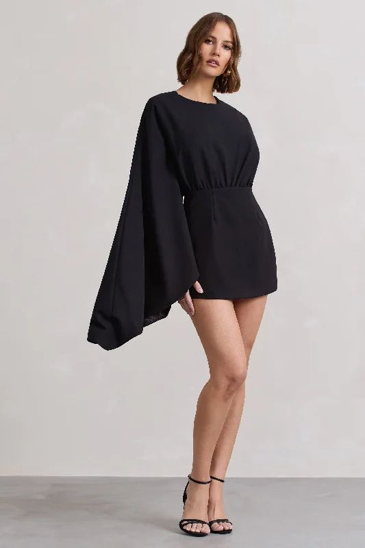 Women's Jumpsuits with Low CollarPresley | Black Backless Skort Playsuit With Cape