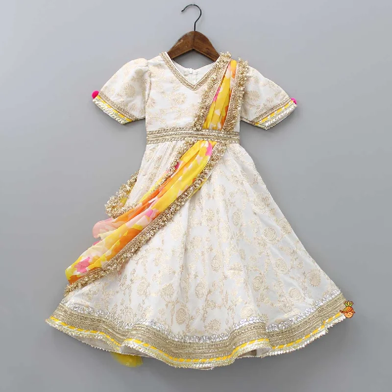 Women's Jumpsuits with Notched CollarV Neck Chanderi Embroidered Off White Anarkali With Attached Multicolour Printed Dupatta