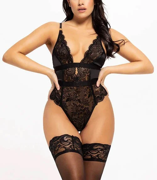 plus-size underwire balconette brasHelena Deep Plunge Teddy In Black - House of Desire