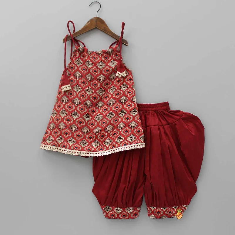 Women's Jumpsuits with Lapel CollarPrinted Kurti With Adjustable Neck And Dhoti