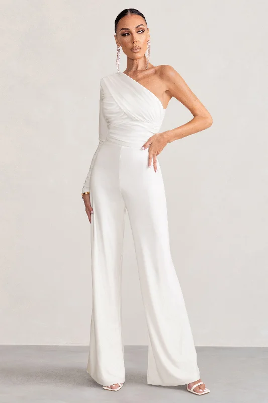 Women's Jumpsuits with Notched CollarMila | White One Shoulder Ruched Wide Leg Jumpsuit