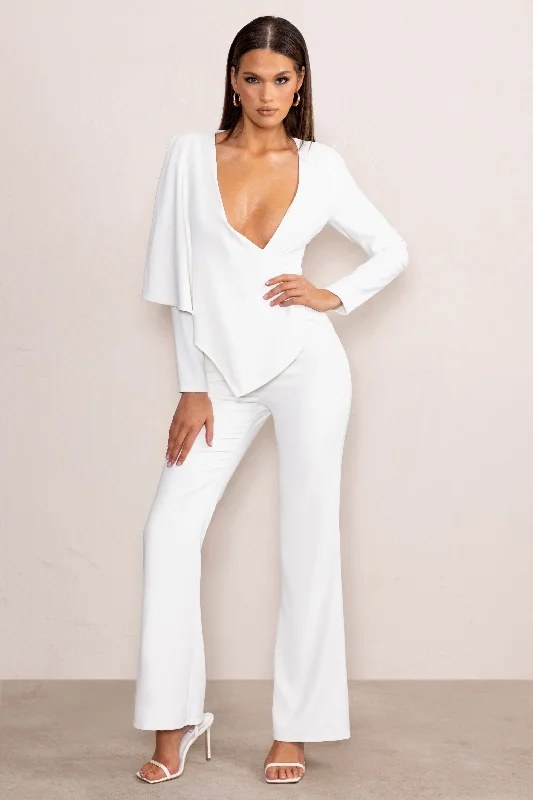 Women's Jumpsuits with Collarless DesignErika | White Plunge Jumpsuit with One-Shoulder Cape Overlay