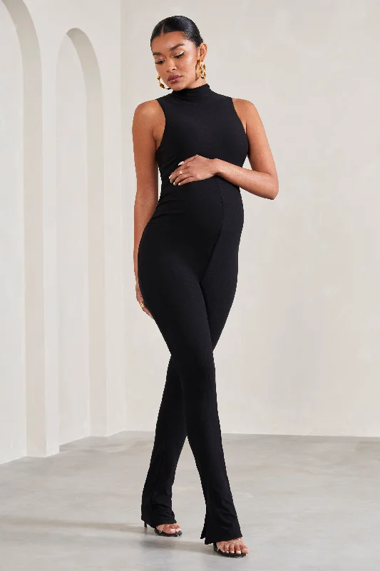 Women's Jumpsuits with Keyhole CollarIssy | Black High-Neck Sleeveless Maternity Jumpsuit