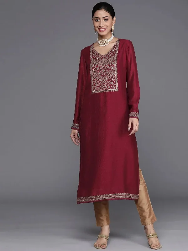 Women's Jumpsuits with V-Shaped CollarMaroon Yoke Design Silk Kurta