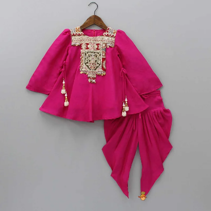 Women's Jumpsuits with Shawl CollarEmbroidered Yoke Tassels Enhanced Pink Kurti And Dhoti