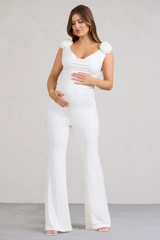 Women's Jumpsuits with High CollarPosy | White Maternity Cowl Jumpsuit With Flower Design