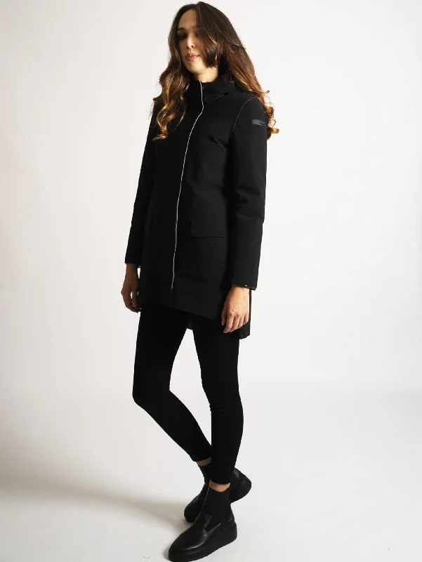 Women's Coats with Fur Trimmed HoodParka Bicolor Taglio Laser Nero