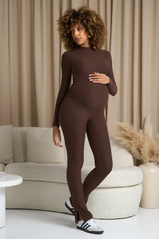 Women's Jumpsuits with Boat CollarFia | Chocolate Brown High-Neck Slim-Leg Maternity Jumpsuit