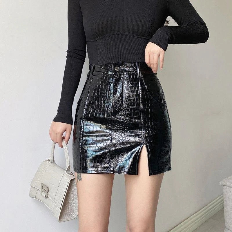 Women's Boat-Neck DressesWomen's High-Waisted SkirtsHot Girl Black Leather Short Wrap Hip Skirt Bottom